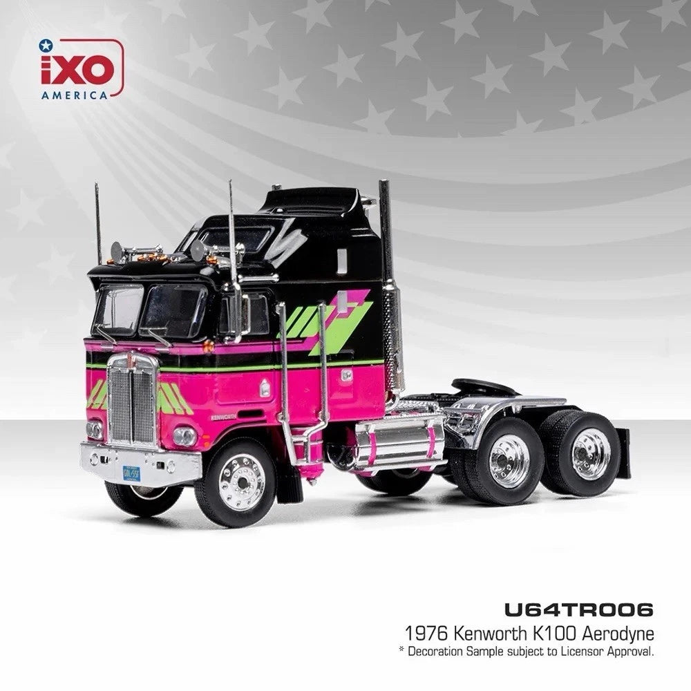 IXO　1976 ケンワース K100 エアロダイン IXO 1/64 1976 Kenworth K100 w/ Aerodyne Sleeper Semi Black/Pink