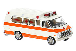 Brekina 1/87 HO 1975 Dodge B200 Ambulance White/Orange 18300 IN