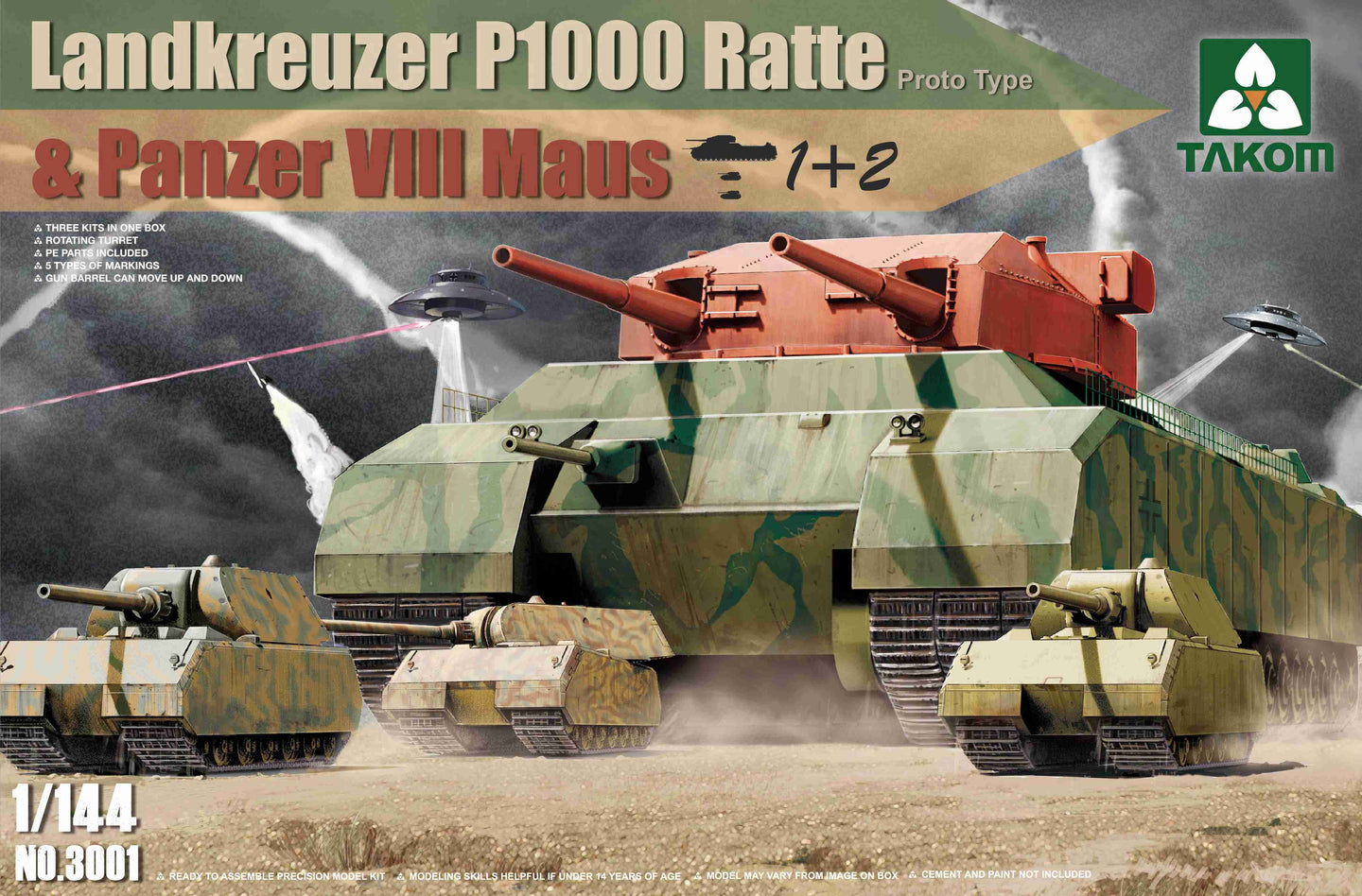 Takom 1/144 German Landkruezer P1000 Ratte + 2 Panzer VIII Maus 3001