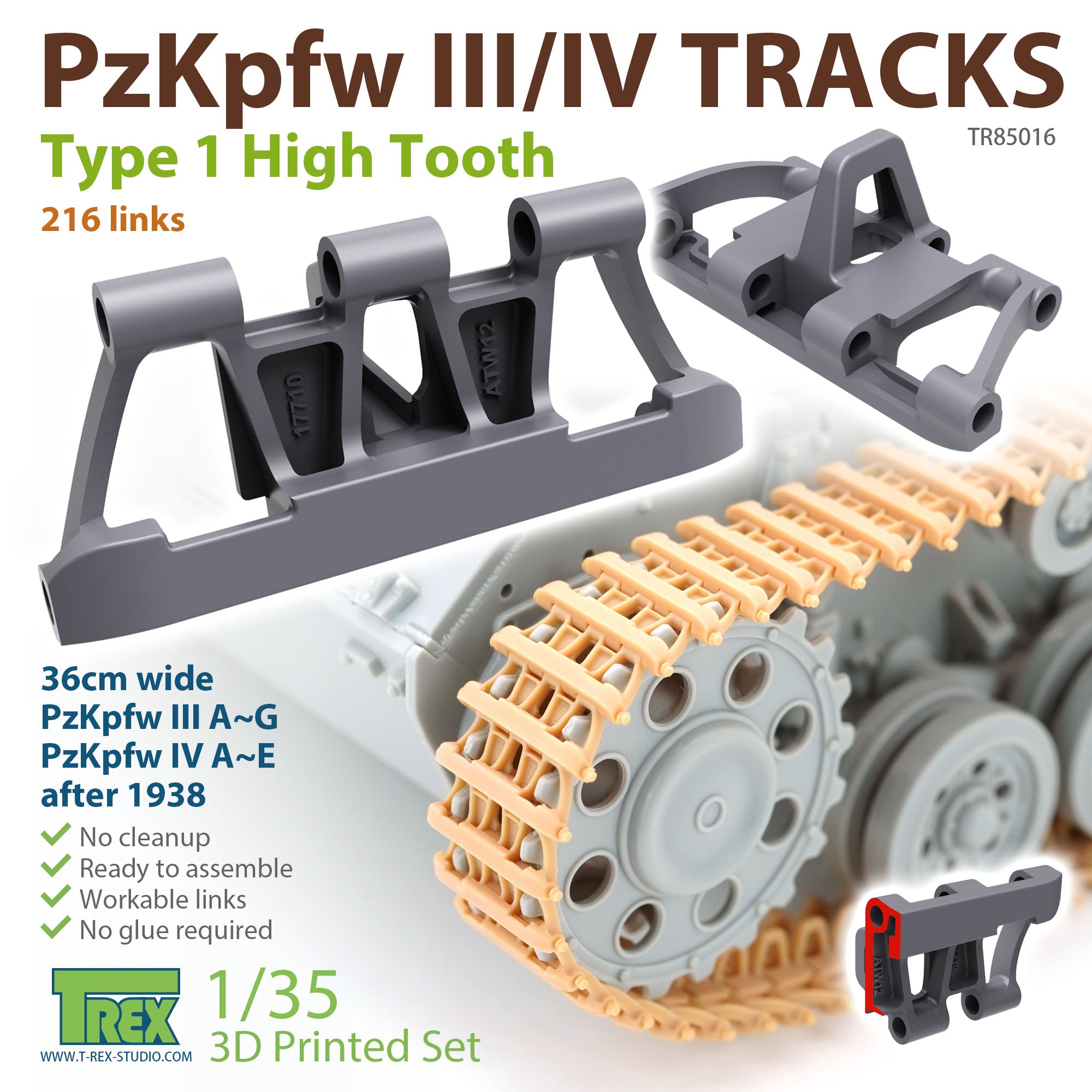 Trex 1/35 German PzKpfw.III/IV Tracks Type 1 High Tooth 3D Printed