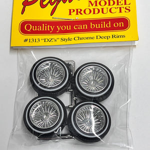 Pegasus 1/24 Rim & Tire Set 1313 "DZ's" Style Chrome Deep Rims w/ Whitewall Tires (4)