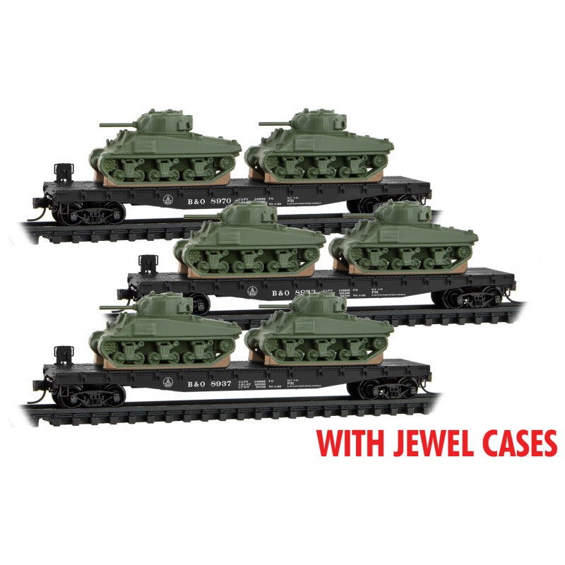 Micro-Trains MTL N B&O Flat w/tanks 3-pk - JEWEL CASE 983 02 218