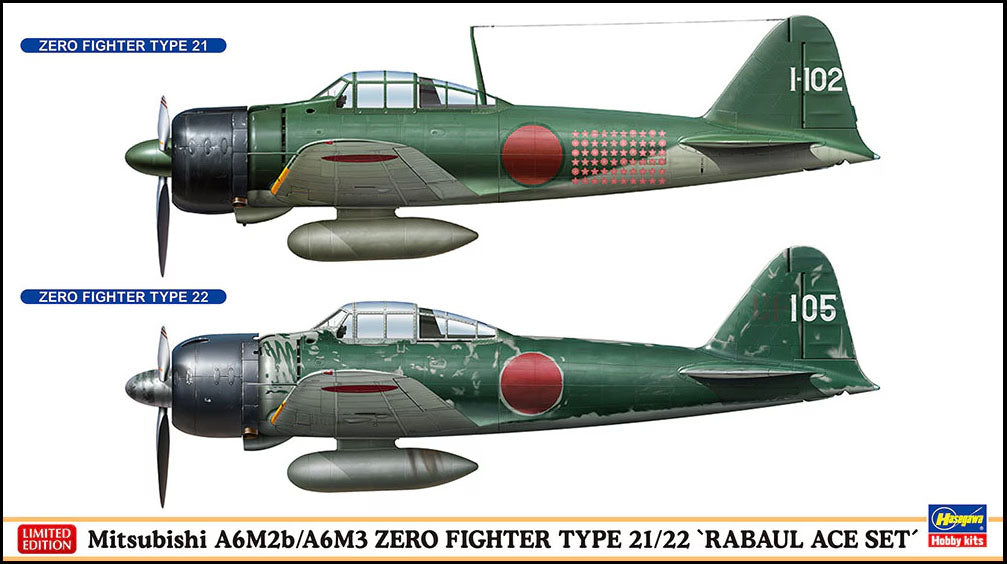 Hasegawa 1/72 Japanese A6M2b/A6M3 Zero Fighter Type 21/22 Rabaul Ace Set 02437