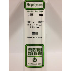 Evergreen 168 Styrene Plastic Strips 0.080"x 0.188"x 14"  (8)