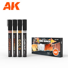 Load image into Gallery viewer, AK Interactive AK1300 Metallic Markers (4) 1.0mm Tip Gold, Chrome, Old Bronze, Copper
