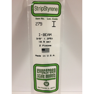 Evergreen 279 Styrene Plastic I Beam 0.375" 9.5mm x 14" (2)