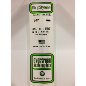 Evergreen 147 Styrene Plastic Strips 0.040"x 0.156"x 14"  (10)