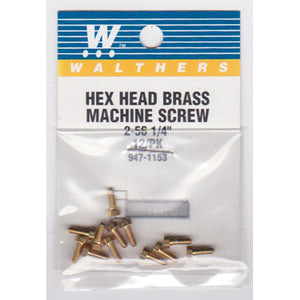 Walthers 947-1153 #2-56 Brass Hex Head Machine Screws 1/4 x .086" (12)