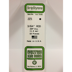 Evergreen 221 Styrene Plastic Rod 3/64" 0.047" x 14"  (10)