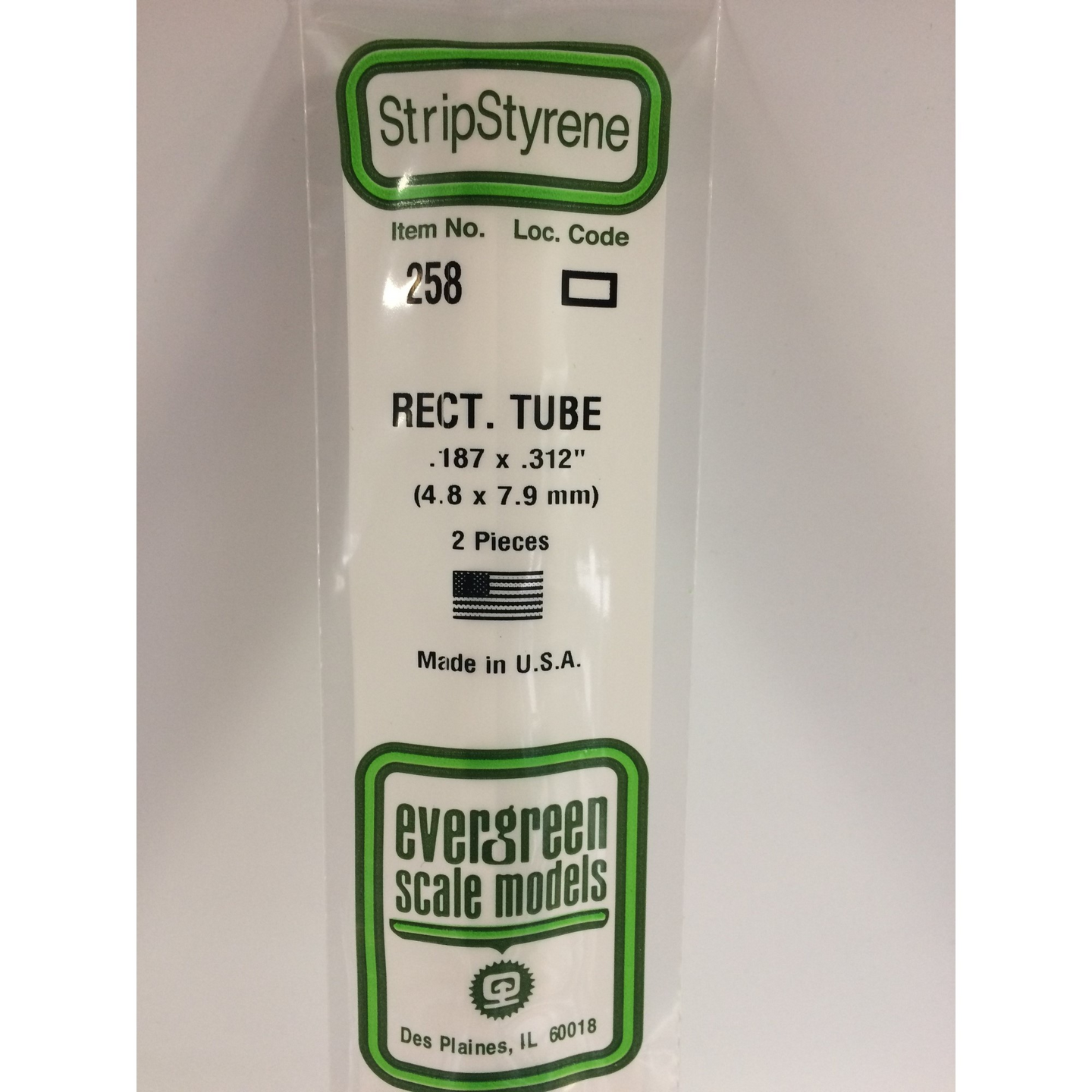 Evergreen 258 Styrene Plastic Rectangular Tube 0.187