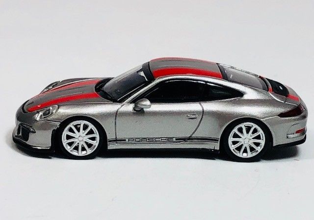 silver car with red stripes