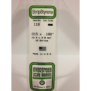 Evergreen 118 Styrene Plastic Strips 0.015"x 0.188" x 14"  (10)