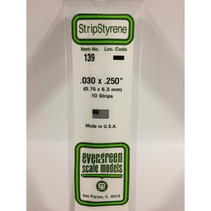 Evergreen 139 Styrene Plastic Strips 0.030"x 0.250"x 14"  (10)