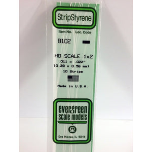Evergreen 8102 Styrene Plastic Strips 1"x 2" HO x 14" (10)