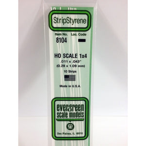 Evergreen 8104 Styrene Plastic Strips 1"x 4" HO x 14" (10)