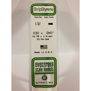Evergreen 132 Styrene Plastic Strips 0.030"x 0.040" x 14"  (10)