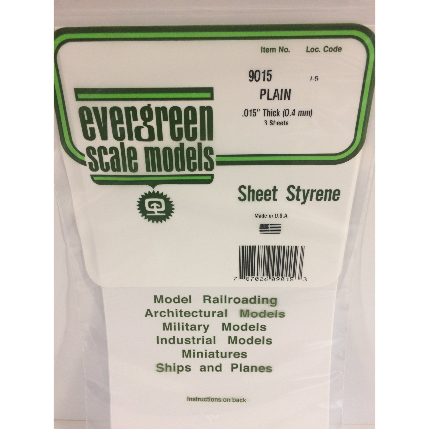 Evergreen 9015 Styrene Plastic Plain Sheet 0.015