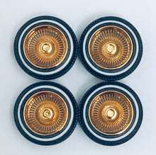 Load image into Gallery viewer, Pegasus 1/24 Rim &amp; Tire Set 1310 "D" Style Gold Rims w/ Whitewall Tires (4)