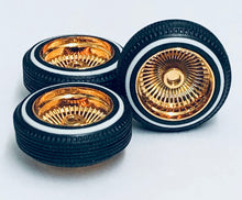 Load image into Gallery viewer, Pegasus 1/24 Rim &amp; Tire Set 1310 "D" Style Gold Rims w/ Whitewall Tires (4)