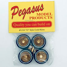 Load image into Gallery viewer, Pegasus 1/24 Rim &amp; Tire Set 1310 "D" Style Gold Rims w/ Whitewall Tires (4)