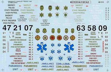 Microscale Decals 1/48 O scale Emergency Vehicles Police, Fire, Ambulance 48-510