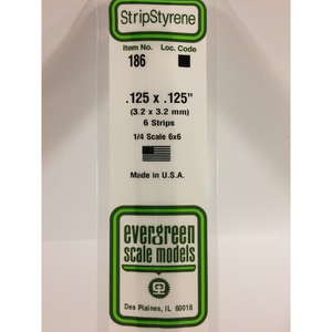 Evergreen 186 Styrene Plastic Strips 0.125"x 0.125"x 14"  (6)
