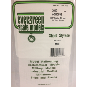 Evergreen 2080 Styrene Plastic V-Groove Styrene Plastic 0.080"x 12"x 6" (1)