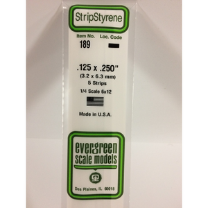 Evergreen 189 Styrene Plastic Strips 0.125"x 0.250"x 14"  (5)