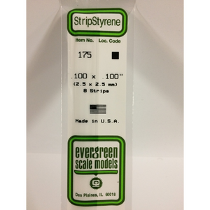 Evergreen 175 Styrene Plastic Strips 0.100"x 0.100"x 14"  (8)