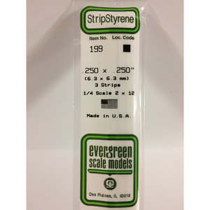 Evergreen 199 Styrene Plastic Strips 0.250"x 0.250"x 14"  (3)