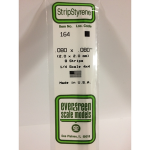 Evergreen 164 Styrene Plastic Strips 0.080"x 0.080"x 14"  (9)