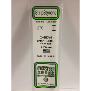 Evergreen 276 Styrene Plastic I Beam 0.188" 4.8mm x 14" (3)