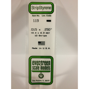Evergreen 119 Styrene Plastic Strips 0.015"x 0.250" x 14"  (10)