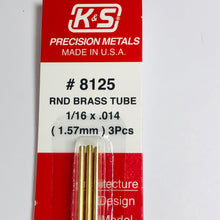 Load image into Gallery viewer, K&amp;S 8125 Round Brass Tube 1/16&quot; OD x 0.014t&quot; x 12&quot; (3)