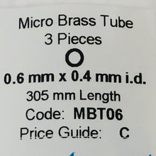 Load image into Gallery viewer, Albion MBT06 Brass Micro Tubing 0.6 mm OD x 0.4 mm ID 3-PACK