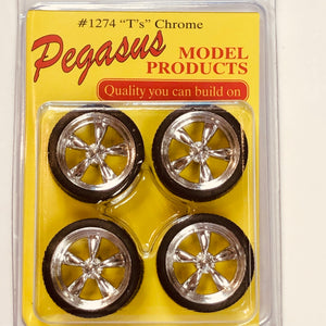 Pegasus 1/24 Rim & Tire Set 1274 "T's" Chrome 19" Wheels (4)