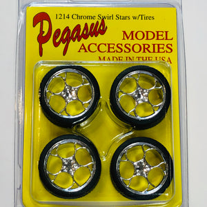 Pegasus 1/24 Rim & Tire Set 1214 Chrome Swirl Stars w/Tires (4)