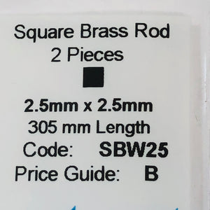 Albion SBW25 2.5mm x 2.5mm Square Brass Rod 2-PACK