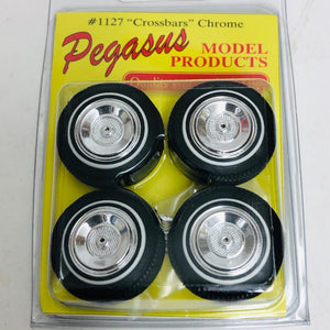 Pegasus Rim & Tire Set 1/24 1127 Crossbars Rims/ Slim Whitewall Tires (4)