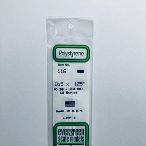 Evergreen 116 Styrene Plastic Strips 0.015" x 0.125" x 14"  (10)