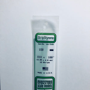 Evergreen 108 Styrene Plastic Strips 0.010" x. 0188" x 14" (10)